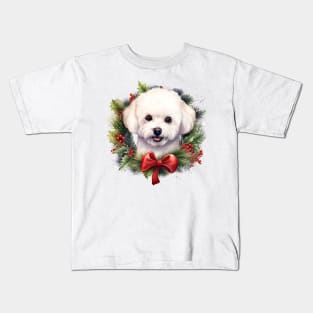 Christmas Bichon Frisé Dog Wreath Kids T-Shirt